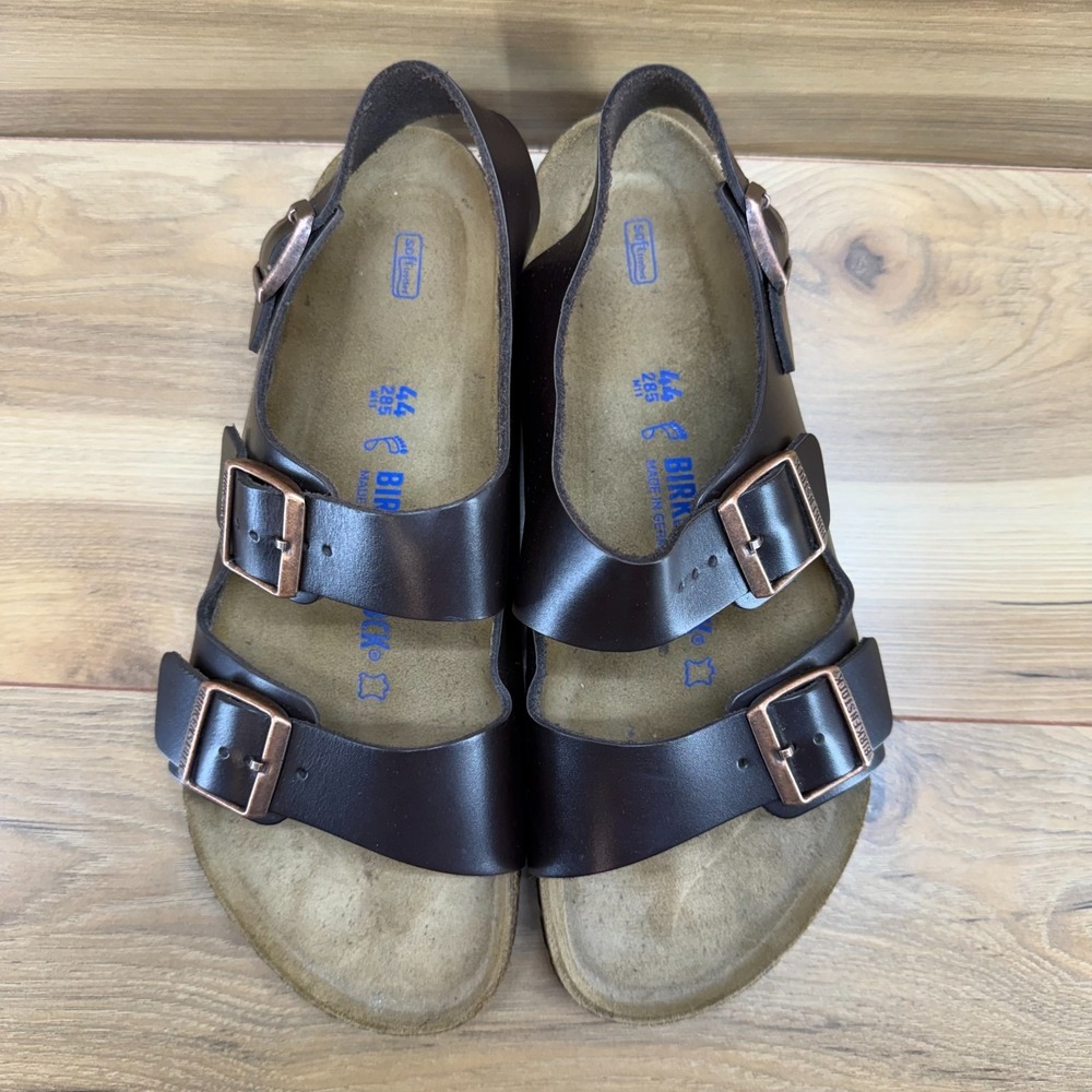Birkenstock Milano Soft Foot Bed Mens 11 W EU 44 Dark Brown Leather Sandals